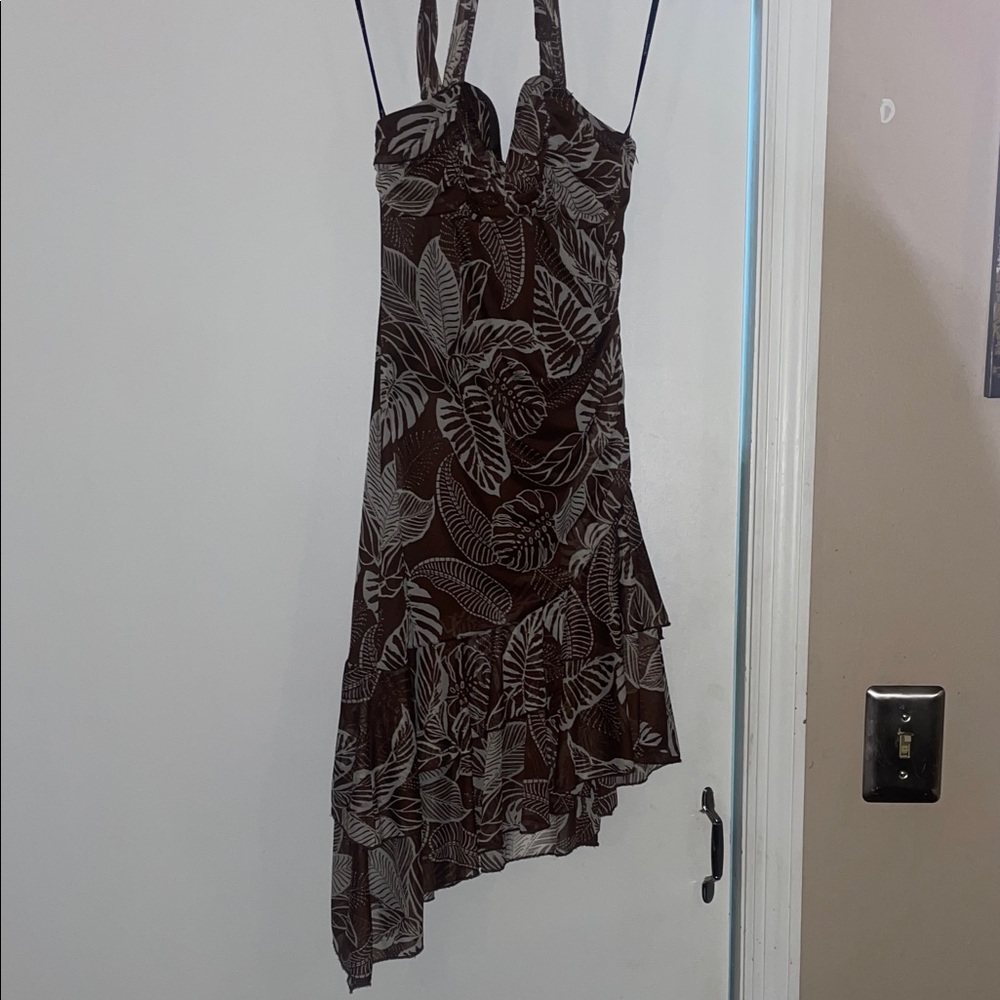 My Michelle Asymmetrical Brown Leaf Print Dress
